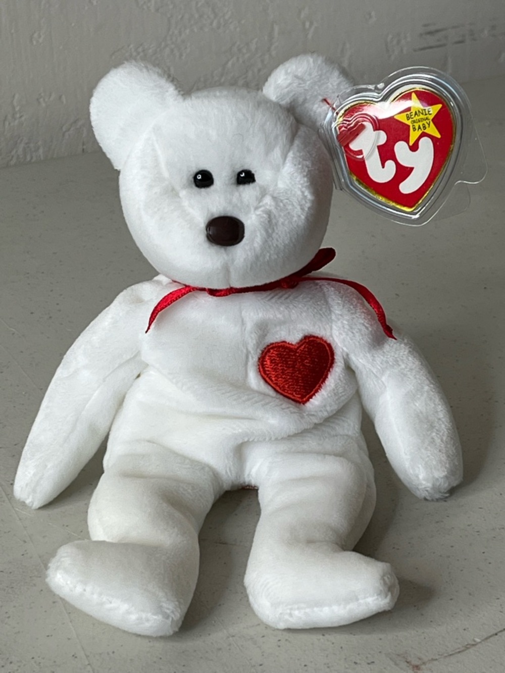 Ty “” Valentino”beanie baby. White with Red embroidery Heart 1993 PE